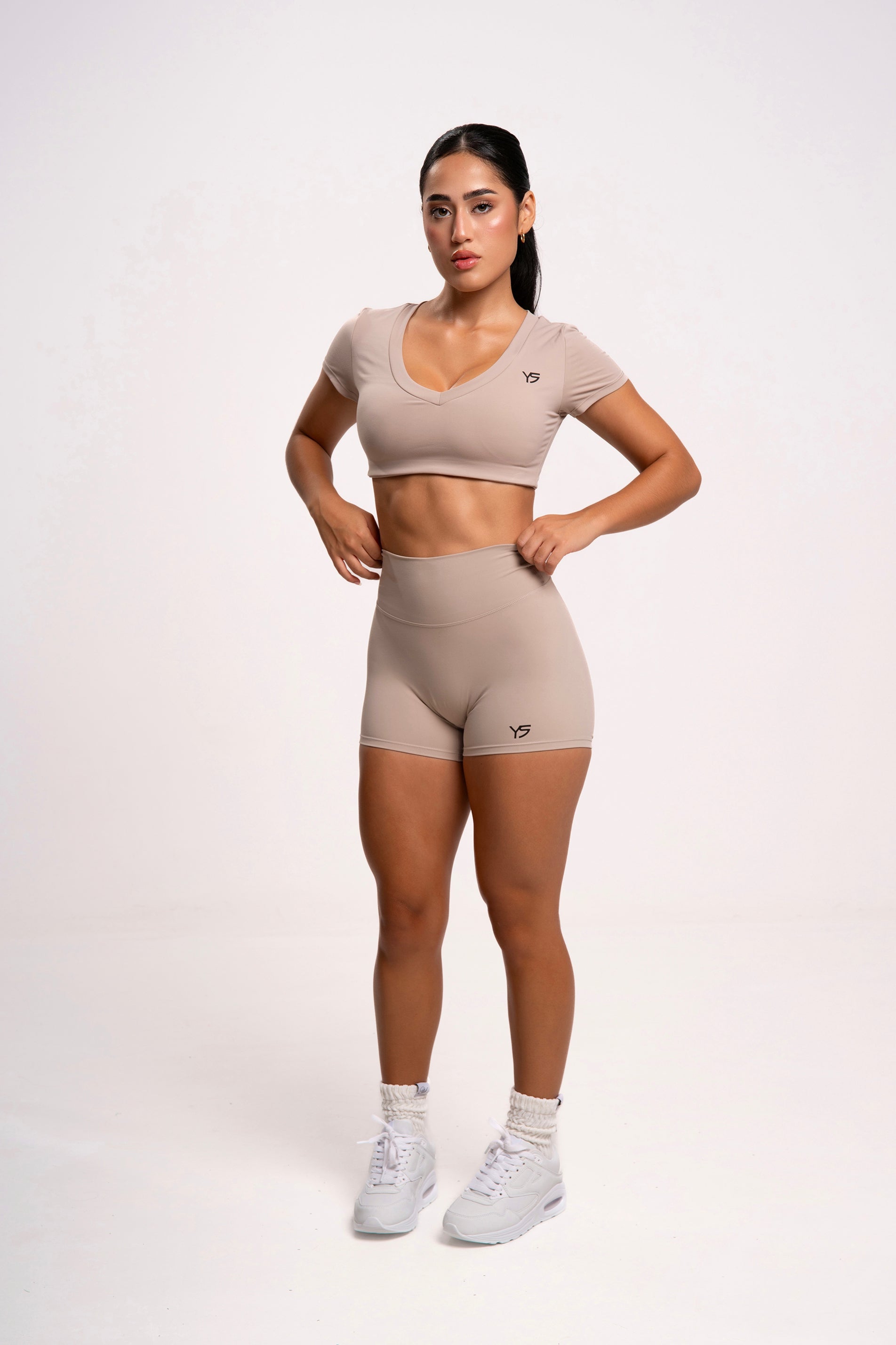 Mallas deportivas mujer de cintura alta de color beige